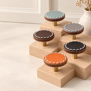 Stitched Leather Cabinet Knob, Blue Gray Brown Black or Orange, 32 mm Furniture Accent