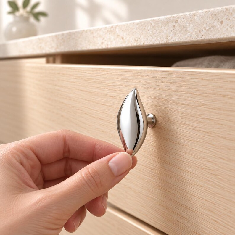 May include: A polished chrome cabinet knob with a smooth, elongated leaf-like shape. The hardware features a reflective, metallic finish and is mounted on a light-toned wood drawer front, showcasing a curved, teardrop-inspired design element.