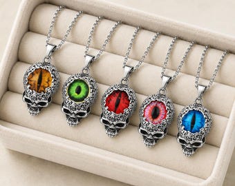 Collana con teschio e occhio di Allah, ciondolo a forma di occhio colorato, catena gotica color argento, gioiello di tendenza in stile vichingo.
