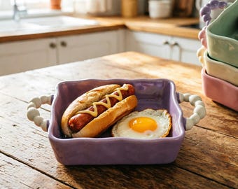 Ceramic Gratin Baking Dish with Handles Oven Safe Casserole Pan Cream Style Bakeware Microwave Serving Bowl