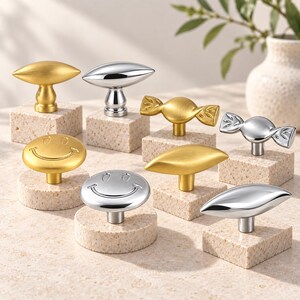 May include: A collection of cabinet knobs in gold and silver finishes, featuring three distinct shapes: smooth almond-like forms, candy-shaped designs with etched details, and round smiley face icons, each mounted on a small speckled stone base.