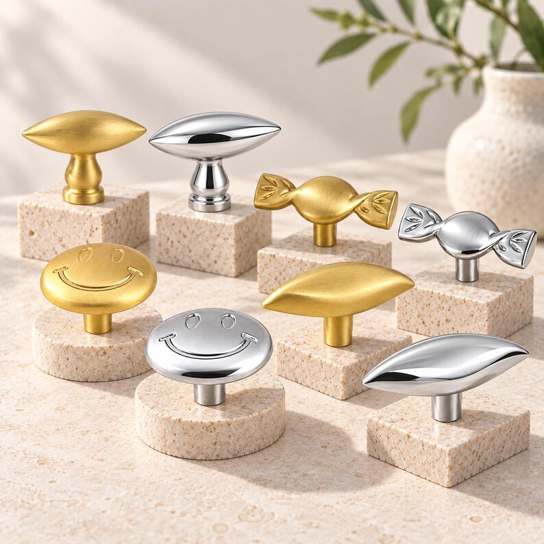 May include: A collection of cabinet knobs in gold and silver finishes, featuring three distinct shapes: smooth almond-like forms, candy-shaped designs with etched details, and round smiley face icons, each mounted on a small speckled stone base.