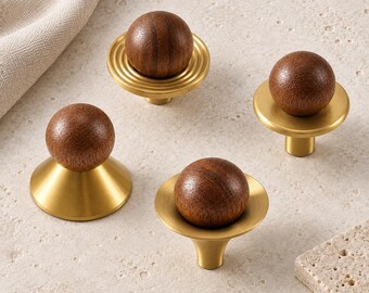 Pomelli per mobili in legno di noce con finitura in ottone spazzolato, ferramenta scultorea per cassetti, quattro stili di pomelli rotondi per mobili.