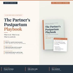 Op de afbeelding: Een digitale download met de titel "The Partner's Postpartum Playbook" voor nieuwe ouders. De omslag toont de titel in een vet lettertype, met een ondertitel en opsommingstekens die de inhoud beschrijven. Bevat een kleiner boek en een bezoekersscript.