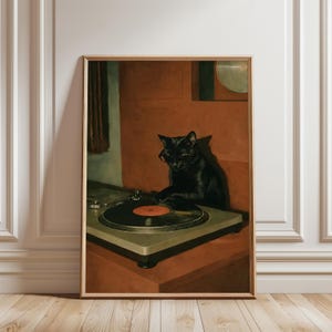 DJ Cat Vinyl Poster, Retro Turntable Music Wall Art, Vintage Music Print, Cool Cat Decor, Record Player Artwork, Music Room Decor