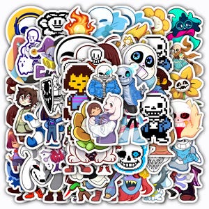 May include: A collection of assorted vinyl stickers featuring various colorful cartoon characters, pixel art figures, and floral motifs. The designs include skeletons in blue jackets, a child in a striped shirt, and various creatures in diverse poses.