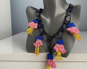 Turkish Oya Crochet Flower Beaded Necklace: Bohemian Versatile Wrap Necklace, Pink and blue Lariat