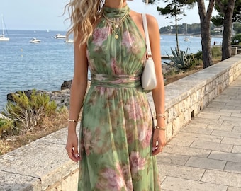 Abito lungo verde floreale con scollo all'americana – Abito estivo in chiffon senza schienale, abito da cerimonia boho per invitata a un matrimonio, elegante abito lungo per le vacanze