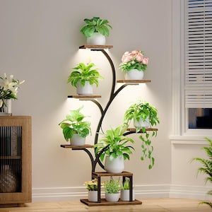 Plant Stand Indoor with Grow Lights, 7 Tier Plant Shelf, 49" Corner Plant Rack, Metal Flower Stand for Home, Patio, Brown Decor