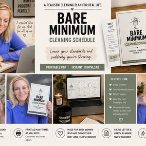 May include: A digital cleaning schedule titled "Bare Minimum Cleaning Schedule" with a minimalist design. The image includes a woman, a laptop, and printed pages. The text includes "Printable PDF" and "Instant Download."