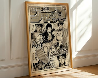 Oprawiony plakat One Piece – nowoczesny układ paneli mangi, odcienie czerni i kremu, rozpryski atramentu