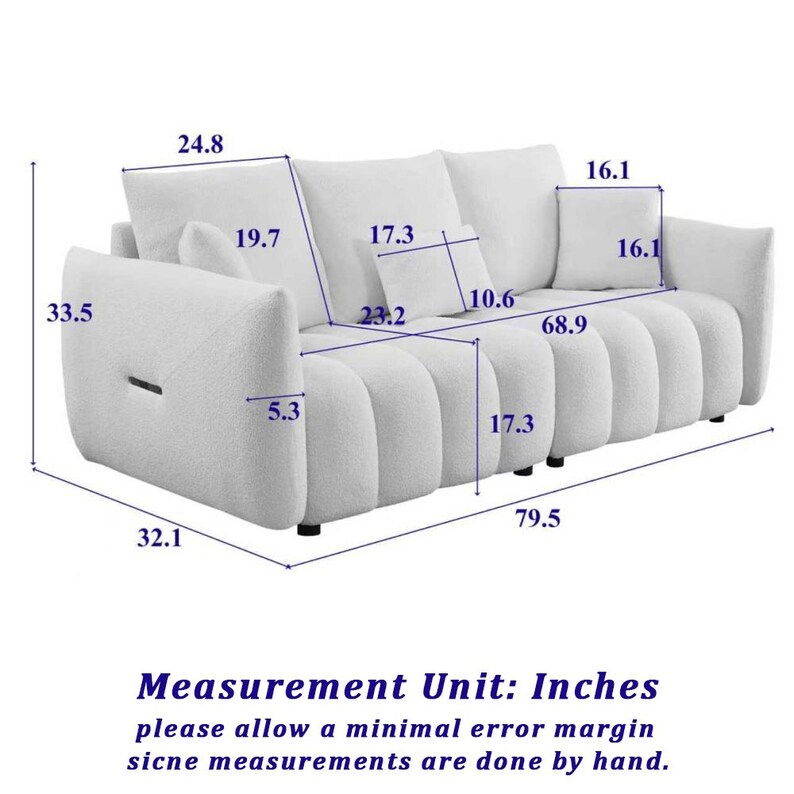 Puede incluir: Un sof&aacute; blanco moderno con cojines y reposabrazos redondeados. Dimensiones: 202 cm de largo, 85 cm de alto y 81.5 cm de profundidad. Incluye un coj&iacute;n rectangular y dos cojines cuadrados. El sof&aacute; tiene un dise&ntilde;o minimalista.