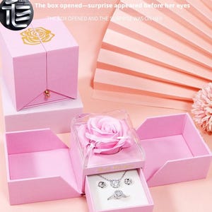 May include: Pink jewelry box with a rose and a necklace, earrings, and ring set. The box is open, revealing the jewelry. The box has the text "Best Wishes" and the text "The box opened-surprise appeared before her eyes".