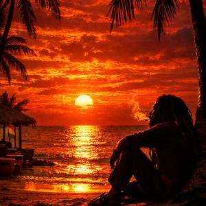 Può includere: Una persona con dreadlocks siede su una spiaggia sabbiosa al tramonto, rivolta verso l'oceano. Il cielo è pieno di vivaci nuvole arancioni e rosse. Le palme incorniciano la scena e una piccola capanna con una bandiera è visibile sulla sinistra.