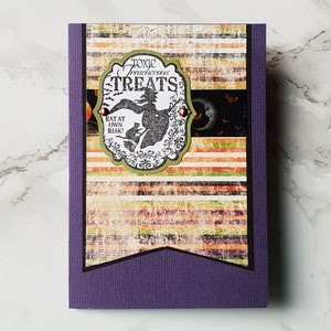 Handmade Purple Halloween Card With A Witch On A Broom
