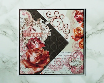 My Sweet, Romantic Card For Your Loved One, Handmade Happy Valentine,  Card With Roses And Bling, I Love You, Just For You,