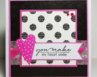 Happy Valentine, Valentines Day, Handmade Card, You Make My Heart Smile, I Love You, For My Love, Black White and Pink