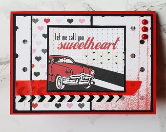 Valentines Card, Handmade Card, Happy Valentine, For My Sweetheart, Rockabilly Style, Red Black and White, Card With Car, I Love You