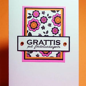Puede incluir: Tarjeta de felicitación hecha a mano con fondo blanco y borde rosa. La tarjeta presenta un diseño floral con flores rosas y naranjas sobre fondo blanco. El texto "GRATTIS på födelsedagen" se muestra en un rectángulo negro.