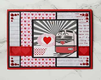 Valentines Day, Happy Valentine, Handmade Card, Be Mine, For My Love, Red Pink and Black, Card With Train, Hearts and Pearls, I Love You