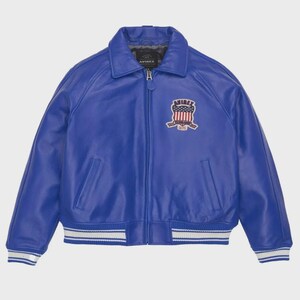 May include: A vibrant blue leather jacket with a collared neckline and a zip-up front. The jacket features a patch with an emblem and the brand name "AVIREX". The cuffs and hemline have white stripes.
