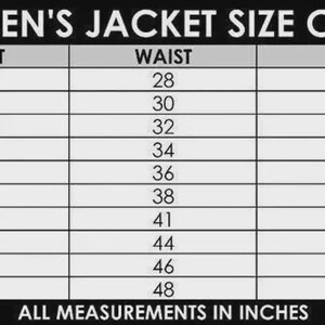May include: A black and white Women's Jacket Size Chart. The chart lists sizes XS to 6XL, with corresponding chest, waist, hip, and sleeve length measurements in inches. The text "ALL MEASUREMENTS IN INCHES" is at the bottom.
