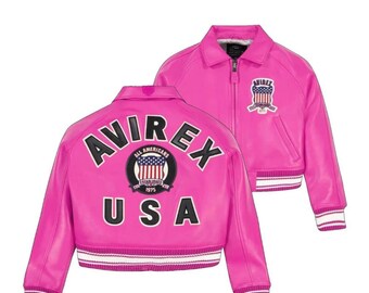 Women's Hot Pink Avirex Genuine Cowhide Cropped Bomber Jacket Handmade USA Patch Varsity Leather Coat Streetwear - Gift for Her