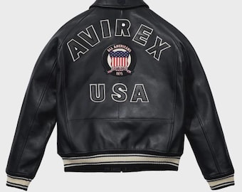 Avirex USA Black Leather Bomber Jacket - All Americans Patch, Men's Varsity Streetwear Heritage Flight Coat, Est. 1975, Gift for Him