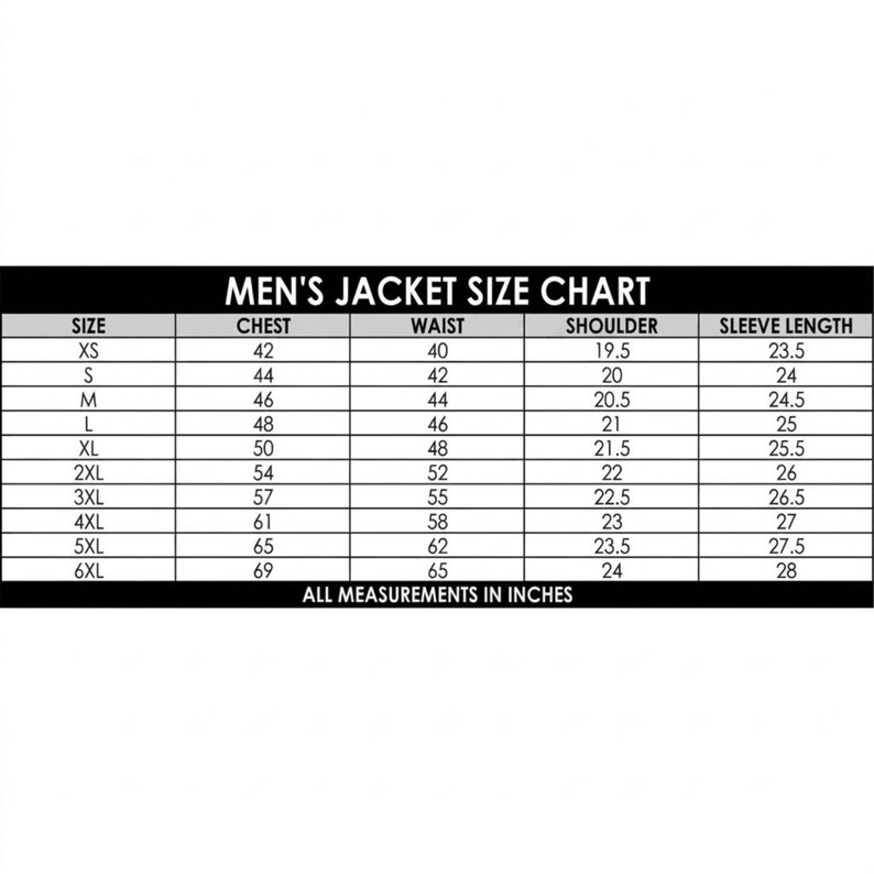 Puede incluir: Tabla de tallas de chaquetas para hombre en blanco y negro. La tabla incluye tallas XS a 6XL, con medidas de pecho de 106,68 a 175,26 cm, cintura de 101,6 a 165,1 cm, hombros de 49,53 a 60,96 cm y largo de manga de 59,69 a 71,12 cm.