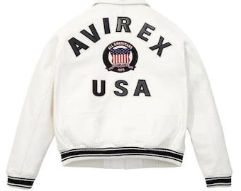 Avirex White Varsity Bomber Jacket Real Cowhide Leather USA Patch Men's Streetwear All Americans Est 1975