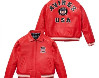 Giacca bomber da uomo in pelle bovina rossa stile Avirex, realizzata a mano - Abbigliamento da aviatore retrò - Classica giacca college in stile americano