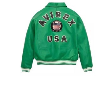 Giacca Varsity Avirex USA verde in vera pelle con patch All Americans, cappotto streetwear in pelle bovina, regalo per lui, fatta a mano, icona di volo.