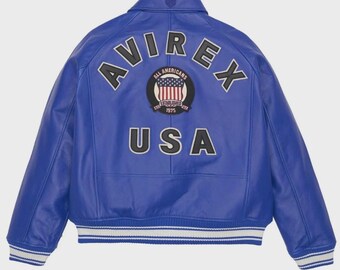 Avirex Blue Real Cowhide Leather Bomber Jacket Men's Flight Jacket USA Military Style Streetwear Coat Custom Size Gift for Him