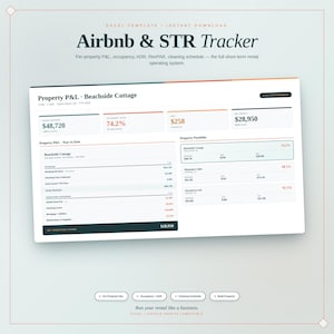 以下が含まれることがあります： 「Airbnb & STR Tracker」というタイトルの、短期賃貸用の財務データを含むデジタルスプレッドシートテンプレート。テンプレートには、物件のP&L、稼働率、清掃スケジュールなどのセクションが含まれています。デザインは、白い背景とティールアクセントでクリーンです。
