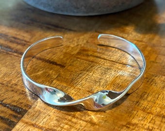 925 Sterling Silver Twisted Cuff Bangle | Wide Twist Silver Bracelet | Sculptural Silver Bangle | Adjustable Silver Cuff