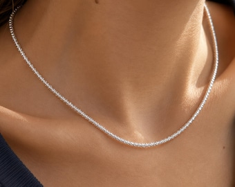 925 Sterling Silver Dainty Beaded Necklace | Adjustable Sparkle Silver Necklace | Faceted Bead Necklace Women | Layering Necklace | Necklace