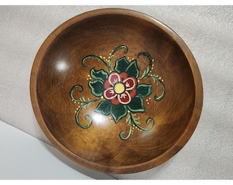 Vintage handbemalte Holzschale im Volkskunststil, Kennedy Brothers Vermont Floral, 28 cm