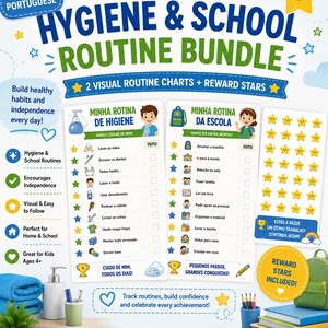 Portuguese Hygiene & School Routine Bundle for Kids | Visual Schedule Printable | Reward Chart | European Portuguese