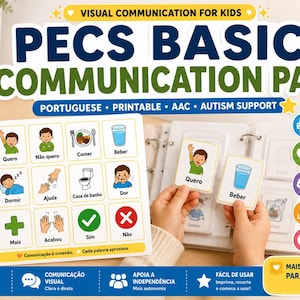 Pode incluir: Um Pack de Comunicação PECS Básico em português para crianças, com cartões visuais. O pack inclui cartões com imagens e palavras como "Quero", "Beber" e "Dormir". Desenhado para apoio ao autismo e terapia da fala, é imprimível.