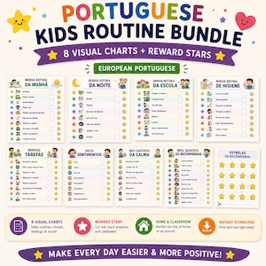 Portuguese Kids Routine Bundle | 8 Visual Charts | Morning Night School Hygiene | Feelings Calm Corner Reward Chart