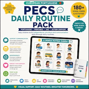 Pode incluir: Um pacote de rotina diária PECS com mais de 180 cartões visuais e atividades. A imagem mostra um tablet com uma grade de 12 tarefas ilustradas em português, como acordar, tomar banho e comer, ao lado de um pequeno fichário branco Minha Rotina.