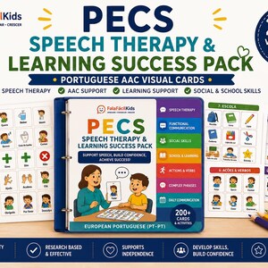 Pode incluir: Um dossier de três argolas azul intitulado PECS Speech Therapy & Learning Success Pack, com uma ilustração de um adulto e uma criança com cartões visuais. Inclui várias folhas impressas de cartões com ícones coloridos e lápis de cor.
