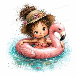 May include: A watercolour illustration of a young girl with brown curly hair wearing a straw hat decorated with flowers, floating on a pink flamingo pool float in blue water. She wears a red swimsuit.