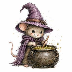 Op de afbeelding: Een kleine, lichtbruine muis met een paarse puntmuts en een bijpassende paarse cape, staand naast een donkere, ronde ketel. De muis gebruikt een houten stok om in een gloeiende, gouden vloeistof in de pot te roeren, met kleine gouden sprankelingen.