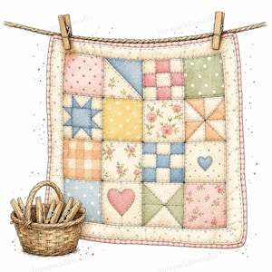 May include: A square patchwork quilt hangs from a clothesline by two wooden clothespins. The quilt features various patterns including floral, polka dot, gingham, and heart motifs in pastel colors. A woven basket filled with clothespins sits below.