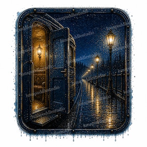 Puede incluir: Una ilustración digital de un vagón de tren con una puerta abierta en un andén por la noche. La escena muestra una luz amarilla cálida desde el interior del vagón y farolas que se reflejan en la superficie húmeda y azul oscuro del andén.
