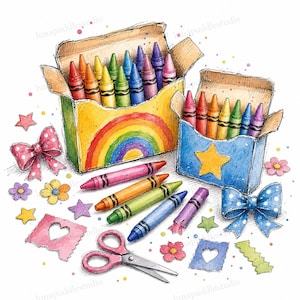 Può includere: Un'illustrazione ad acquerello che mostra due scatole di cartone aperte piene di pastelli colorati, pastelli sciolti rosa, arancioni, verdi, blu e viola, un paio di forbici rosa, due fiocchi in tessuto e vari ritagli di carta a forma di stelle.