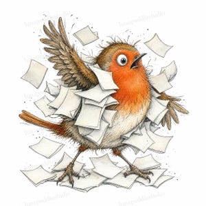 May include: A whimsical illustration of a small robin with a bright orange chest and brown feathers, standing amidst a flurry of scattered white paper sheets. The bird has wide, expressive eyes and its wings are outstretched in a dynamic pose.