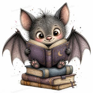 May include: A fluffy grey bat with large brown eyes and pink cheeks sits atop a stack of three vintage-style books. The bat holds an open purple book featuring a gold crescent moon and star design on the cover. The illustration has a soft, hand-drawn aesthetic.
