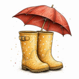 May include: A pair of yellow rain boots with a white polka dot pattern and a side buckle strap, positioned beneath a large, open red umbrella. The illustration features a textured, hand-drawn style with scattered orange and brown dots.